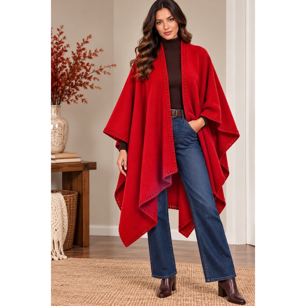 Peruvian Red Felted Alpaca Blanket Cape Poncho Wrap crochet trim Horn Toggle Pin
